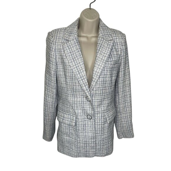 7 FOR ALL MANKIND Women's Blue Tweed Blazer Long Length Two Button Size Medium? - Picture 1 of 15